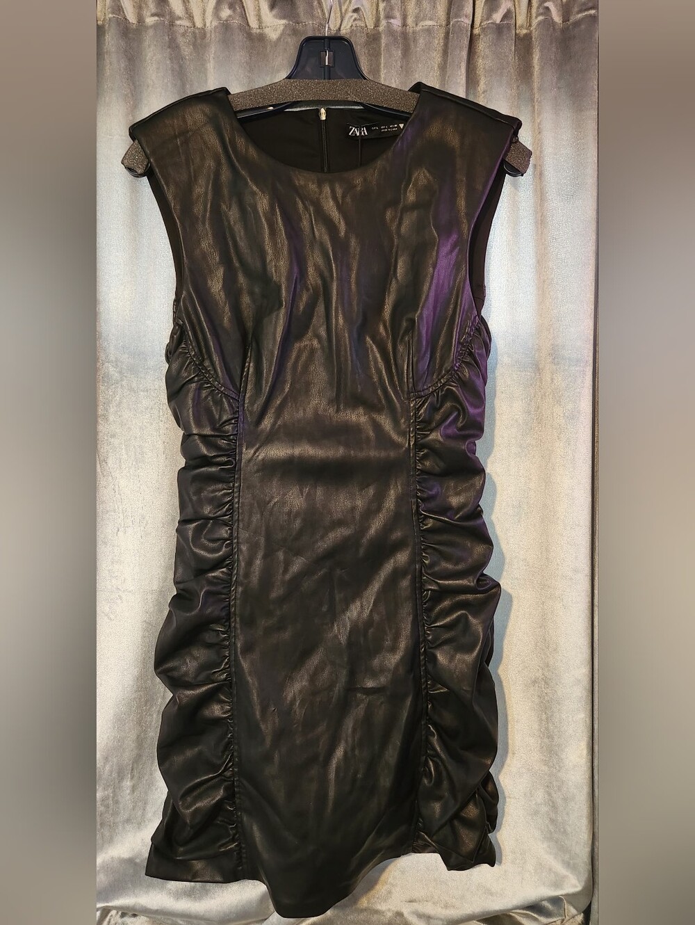 Zara Black Faux-Leather Ruched Mini Dress